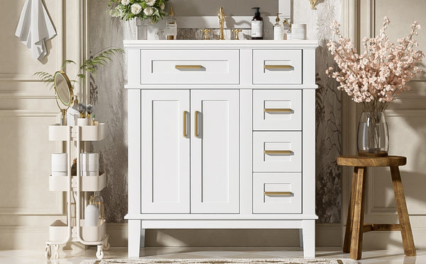 English Elm 30" Freestanding Bathroom Vanity Solid Wood Cabinet Ceramic Sink Soft Close Doors N729P427118K