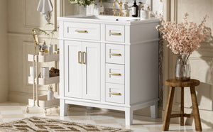 English Elm 30" Freestanding Bathroom Vanity Solid Wood Cabinet Ceramic Sink Soft Close Doors N729P427118K
