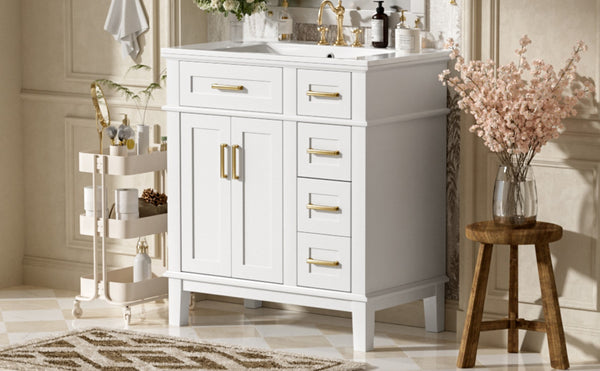 English Elm 30" Freestanding Bathroom Vanity Solid Wood Cabinet Ceramic Sink Soft Close Doors N729P427118K