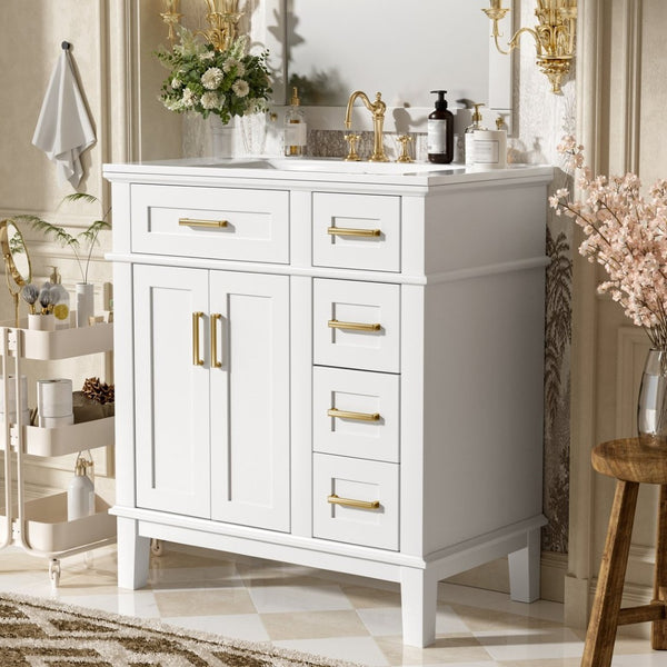 English Elm 30" Freestanding Bathroom Vanity Solid Wood Cabinet Ceramic Sink Soft Close Doors N729P427118K