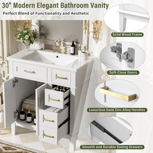 English Elm 30" Freestanding Bathroom Vanity Solid Wood Cabinet Ceramic Sink Soft Close Doors N729P427118K