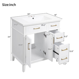 English Elm 30" Freestanding Bathroom Vanity Solid Wood Cabinet Ceramic Sink Soft Close Doors N729P427118K