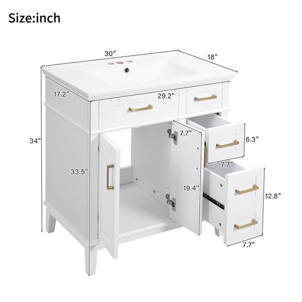 English Elm 30" Freestanding Bathroom Vanity Solid Wood Cabinet Ceramic Sink Soft Close Doors N729P427118K