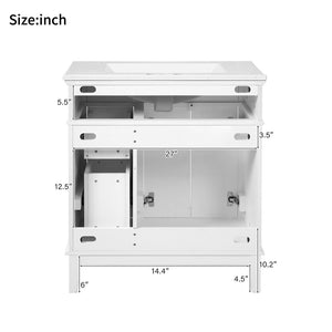 English Elm 30" Freestanding Bathroom Vanity Solid Wood Cabinet Ceramic Sink Soft Close Doors N729P427118K
