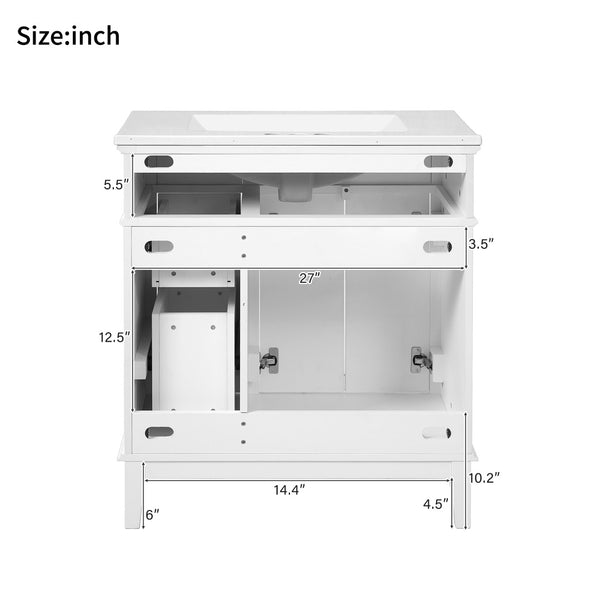 English Elm 30" Freestanding Bathroom Vanity Solid Wood Cabinet Ceramic Sink Soft Close Doors N729P427118K