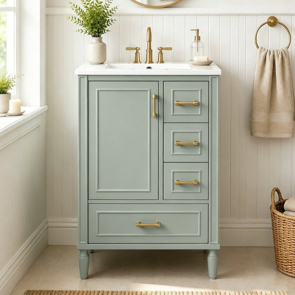 English Elm 24 Inch Olive Bathroom Vanity Ceramic Sink Gold Hardware 3 Drawers Soft Close Green N729P461477F
