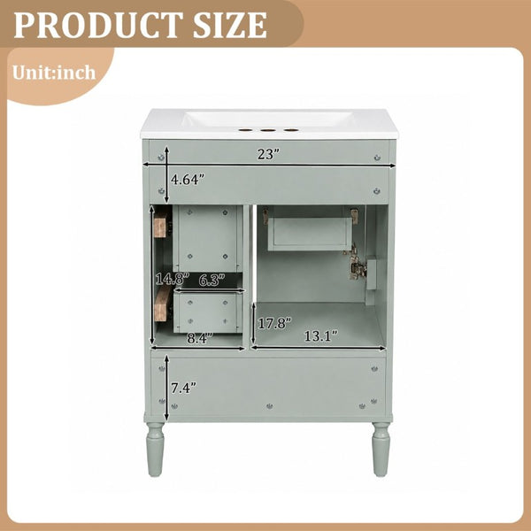 English Elm 24 Inch Olive Bathroom Vanity Ceramic Sink Gold Hardware 3 Drawers Soft Close Green N729P461477F
