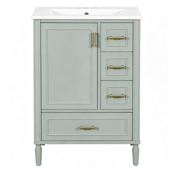 English Elm 24 Inch Olive Bathroom Vanity Ceramic Sink Gold Hardware 3 Drawers Soft Close Green N729P461477F