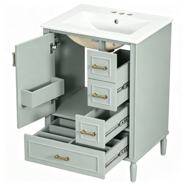 English Elm 24 Inch Olive Bathroom Vanity Ceramic Sink Gold Hardware 3 Drawers Soft Close Green N729P461477F