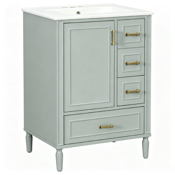 English Elm 24 Inch Olive Bathroom Vanity Ceramic Sink Gold Hardware 3 Drawers Soft Close Green N729P461477F