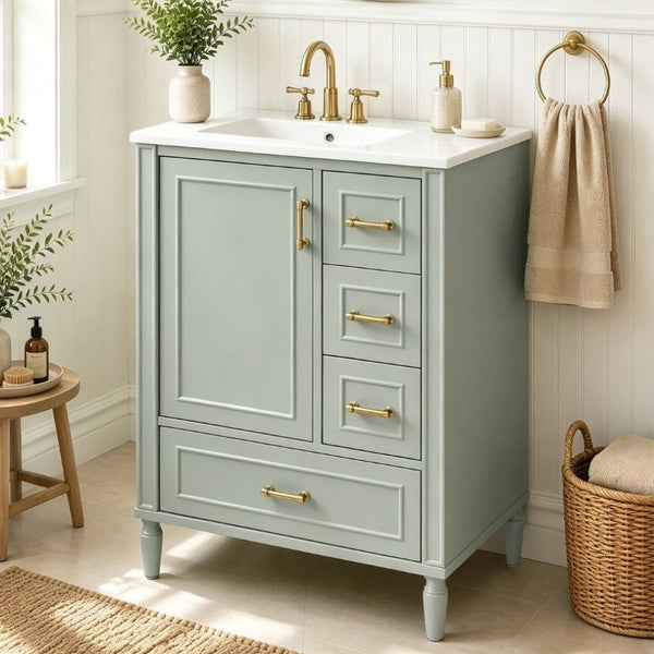English Elm 24 Inch Olive Bathroom Vanity Ceramic Sink Gold Hardware 3 Drawers Soft Close Green N729P461477F