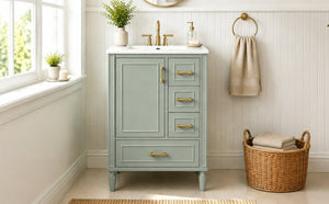 English Elm 24 Inch Olive Bathroom Vanity Ceramic Sink Gold Hardware 3 Drawers Soft Close Green N729P461477F