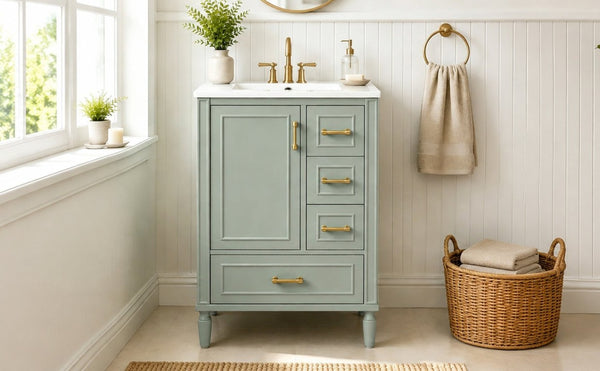 English Elm 24 Inch Olive Bathroom Vanity Ceramic Sink Gold Hardware 3 Drawers Soft Close Green N729P461477F