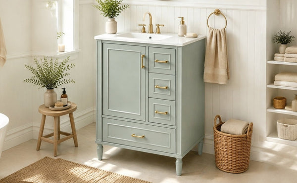 English Elm 24 Inch Olive Bathroom Vanity Ceramic Sink Gold Hardware 3 Drawers Soft Close Green N729P461477F