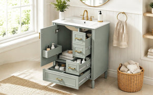 English Elm 24 Inch Olive Bathroom Vanity Ceramic Sink Gold Hardware 3 Drawers Soft Close Green N729P461477F