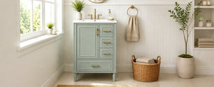 English Elm 24 Inch Olive Bathroom Vanity Ceramic Sink Gold Hardware 3 Drawers Soft Close Green N729P461477F