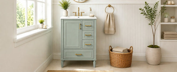 English Elm 24 Inch Olive Bathroom Vanity Ceramic Sink Gold Hardware 3 Drawers Soft Close Green N729P461477F