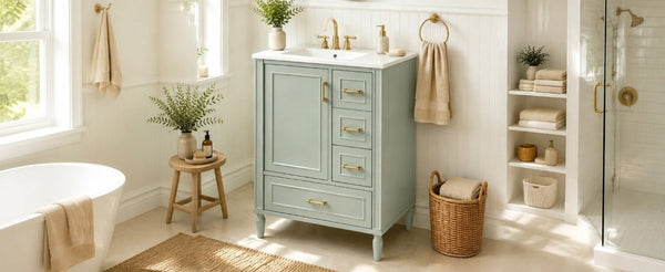 English Elm 24 Inch Olive Bathroom Vanity Ceramic Sink Gold Hardware 3 Drawers Soft Close Green N729P461477F