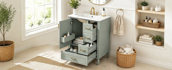 English Elm 24 Inch Olive Bathroom Vanity Ceramic Sink Gold Hardware 3 Drawers Soft Close Green N729P461477F