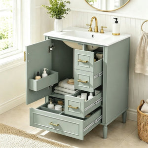 English Elm 24 Inch Olive Bathroom Vanity Ceramic Sink Gold Hardware 3 Drawers Soft Close Green N729P461477F