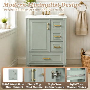 English Elm 24 Inch Olive Bathroom Vanity Ceramic Sink Gold Hardware 3 Drawers Soft Close Green N729P461477F