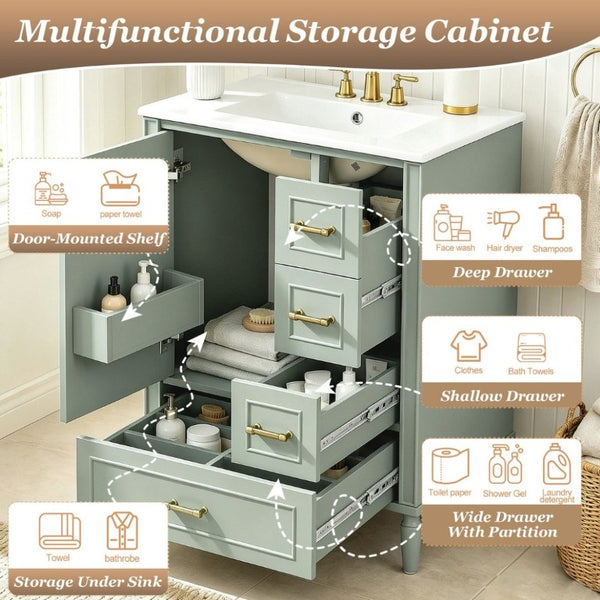 English Elm 24 Inch Olive Bathroom Vanity Ceramic Sink Gold Hardware 3 Drawers Soft Close Green N729P461477F