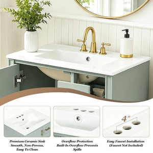 English Elm 24 Inch Olive Bathroom Vanity Ceramic Sink Gold Hardware 3 Drawers Soft Close Green N729P461477F