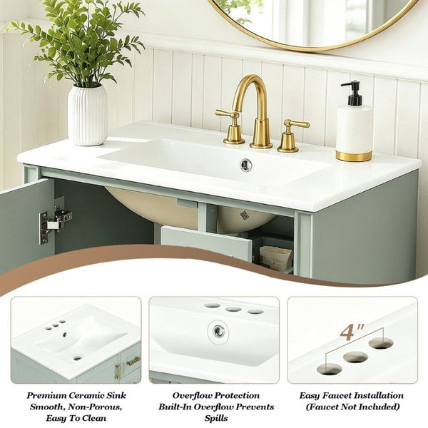 English Elm 24 Inch Olive Bathroom Vanity Ceramic Sink Gold Hardware 3 Drawers Soft Close Green N729P461477F