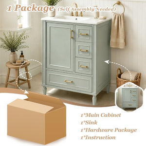 English Elm 24 Inch Olive Bathroom Vanity Ceramic Sink Gold Hardware 3 Drawers Soft Close Green N729P461477F