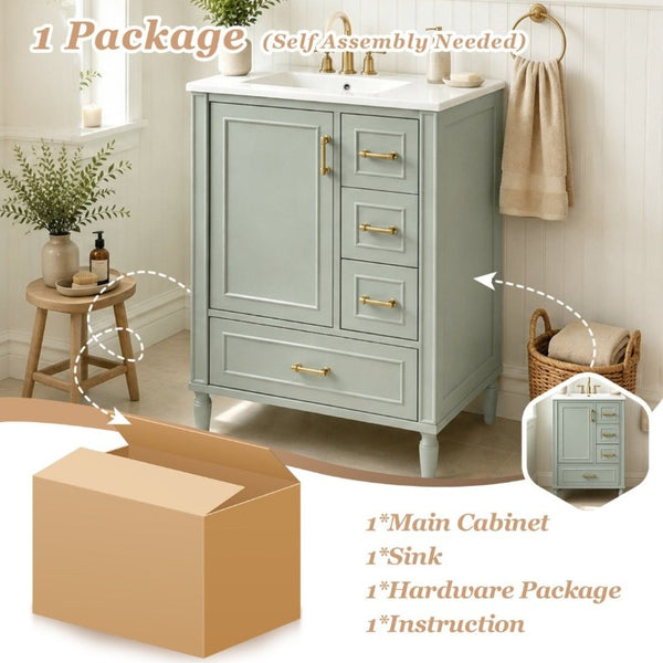 English Elm 24 Inch Olive Bathroom Vanity Ceramic Sink Gold Hardware 3 Drawers Soft Close Green N729P461477F