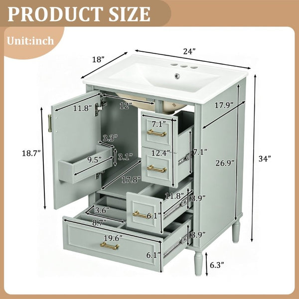 English Elm 24 Inch Olive Bathroom Vanity Ceramic Sink Gold Hardware 3 Drawers Soft Close Green N729P461477F