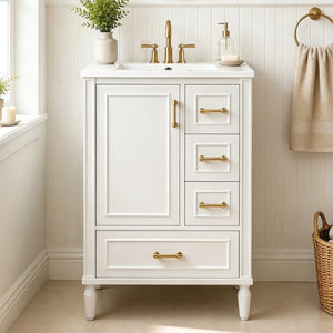 English Elm 24 Inch Olive Bathroom Vanity Ceramic Sink Gold Hardware 3 Drawers Soft Close White N729P461477K