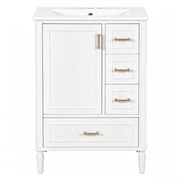 English Elm 24 Inch Olive Bathroom Vanity Ceramic Sink Gold Hardware 3 Drawers Soft Close White N729P461477K