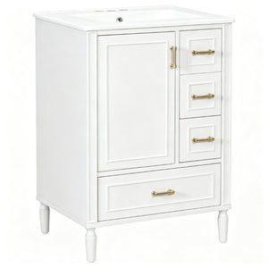 English Elm 24 Inch Olive Bathroom Vanity Ceramic Sink Gold Hardware 3 Drawers Soft Close White N729P461477K