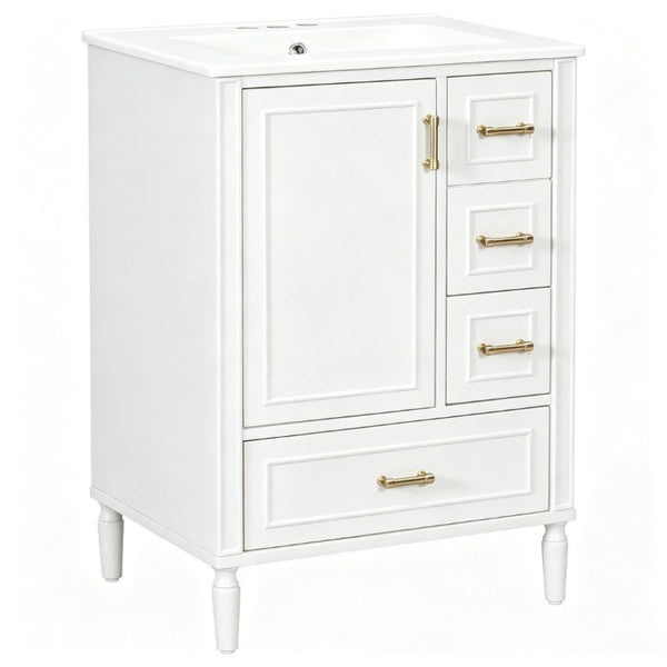 English Elm 24 Inch Olive Bathroom Vanity Ceramic Sink Gold Hardware 3 Drawers Soft Close White N729P461477K