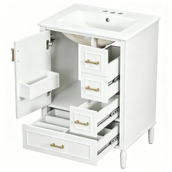English Elm 24 Inch Olive Bathroom Vanity Ceramic Sink Gold Hardware 3 Drawers Soft Close White N729P461477K