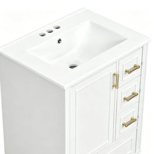 English Elm 24 Inch Olive Bathroom Vanity Ceramic Sink Gold Hardware 3 Drawers Soft Close White N729P461477K