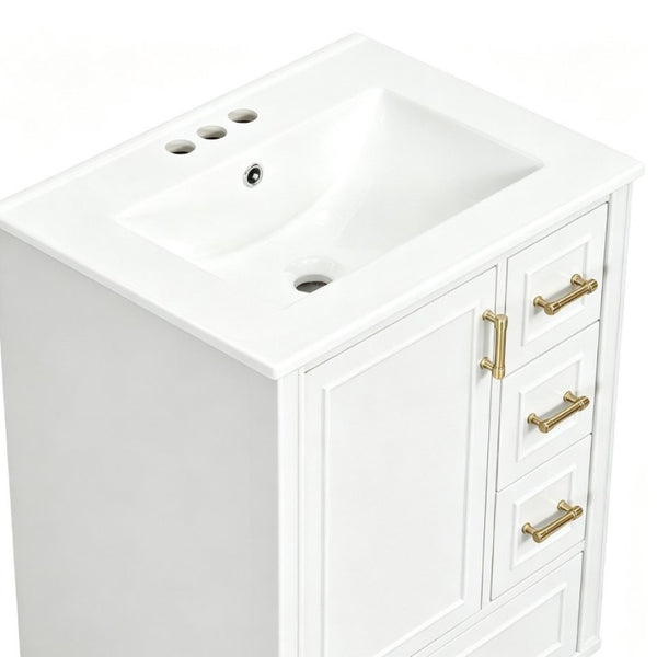 English Elm 24 Inch Olive Bathroom Vanity Ceramic Sink Gold Hardware 3 Drawers Soft Close White N729P461477K