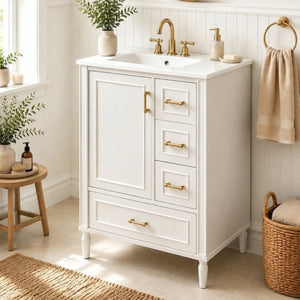 English Elm 24 Inch Olive Bathroom Vanity Ceramic Sink Gold Hardware 3 Drawers Soft Close White N729P461477K