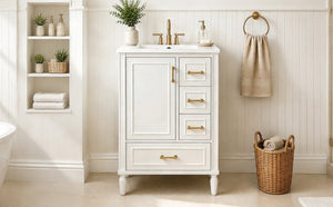 English Elm 24 Inch Olive Bathroom Vanity Ceramic Sink Gold Hardware 3 Drawers Soft Close White N729P461477K