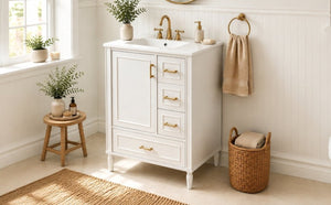 English Elm 24 Inch Olive Bathroom Vanity Ceramic Sink Gold Hardware 3 Drawers Soft Close White N729P461477K