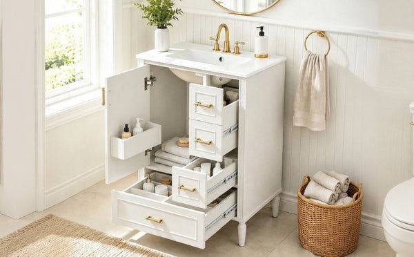 English Elm 24 Inch Olive Bathroom Vanity Ceramic Sink Gold Hardware 3 Drawers Soft Close White N729P461477K