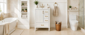 English Elm 24 Inch Olive Bathroom Vanity Ceramic Sink Gold Hardware 3 Drawers Soft Close White N729P461477K