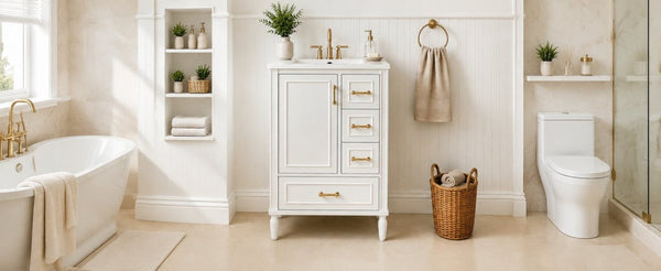 English Elm 24 Inch Olive Bathroom Vanity Ceramic Sink Gold Hardware 3 Drawers Soft Close White N729P461477K