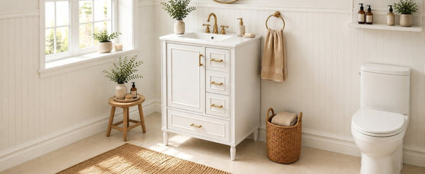 English Elm 24 Inch Olive Bathroom Vanity Ceramic Sink Gold Hardware 3 Drawers Soft Close White N729P461477K