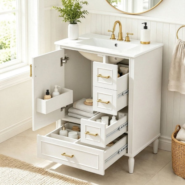 English Elm 24 Inch Olive Bathroom Vanity Ceramic Sink Gold Hardware 3 Drawers Soft Close White N729P461477K