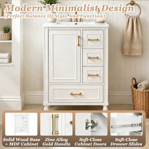 English Elm 24 Inch Olive Bathroom Vanity Ceramic Sink Gold Hardware 3 Drawers Soft Close White N729P461477K