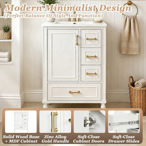 English Elm 24 Inch Olive Bathroom Vanity Ceramic Sink Gold Hardware 3 Drawers Soft Close White N729P461477K
