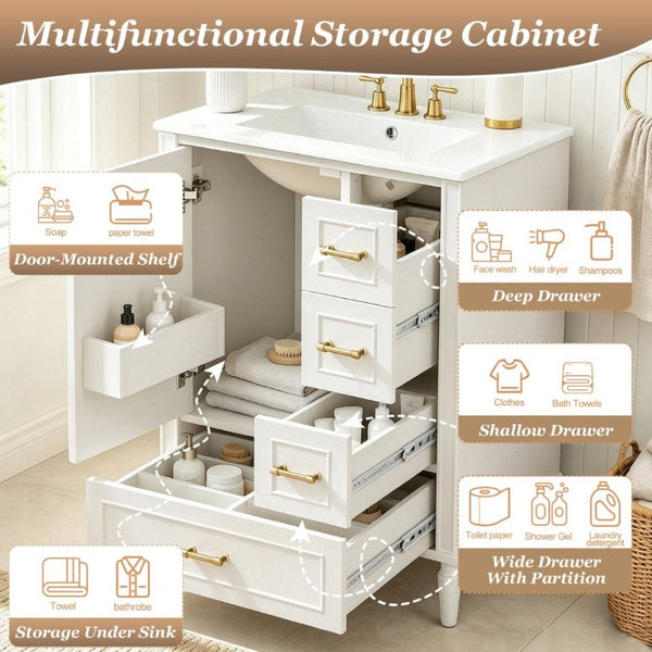 English Elm 24 Inch Olive Bathroom Vanity Ceramic Sink Gold Hardware 3 Drawers Soft Close White N729P461477K