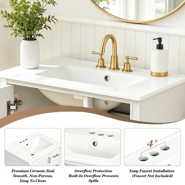 English Elm 24 Inch Olive Bathroom Vanity Ceramic Sink Gold Hardware 3 Drawers Soft Close White N729P461477K